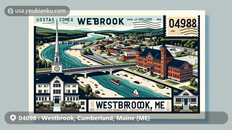Modern illustration of Westbrook, Maine, inspired by a postcard theme with ZIP code 04098, featuring the scenic beauty of Presumpscot River, Westbrook College Historic District, and the Stephen Manchester House.