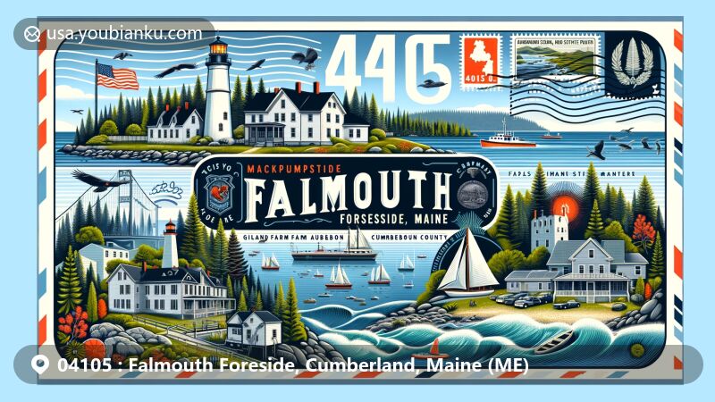 Modern illustration of Falmouth Foreside, Cumberland County, Maine, showcasing postal theme with ZIP code 04105, featuring Casco Bay scenery and maritime elements, including lighthouse and boat.