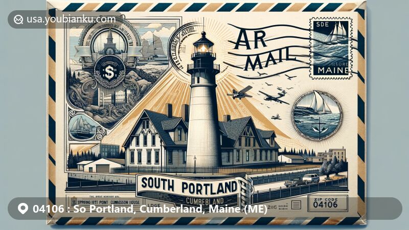 Modern illustration of South Portland, Cumberland, Maine, featuring Spring Point Ledge Lighthouse, Seavey-Robinson House, Maine Mall, and Maine Military Museum, creatively presented as an air mail envelope with postal theme.