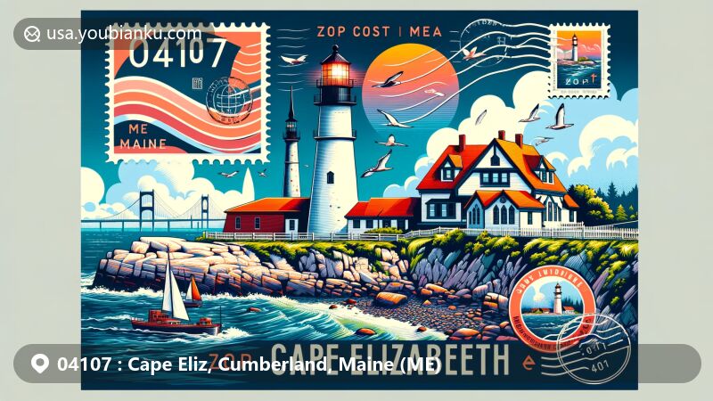 Modern illustration of Cape Elizabeth, Maine, featuring Portland Head Light, Two Lights lighthouses, and Spurwink Church against coastal landscape.