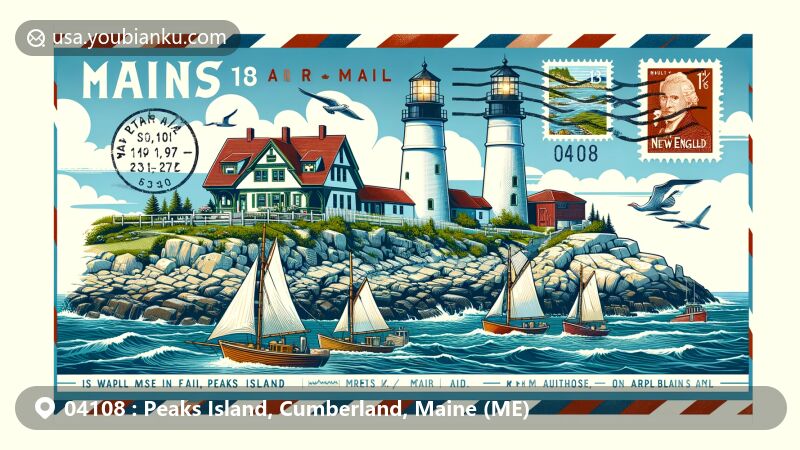 Modern illustration of Peaks Island, Maine, showcasing coastal beauty with lighthouse and typical New England architecture and fishing boats, designed in the style of an airmail envelope or postcard with stamps, postmarks, and ZIP Code '04108'.