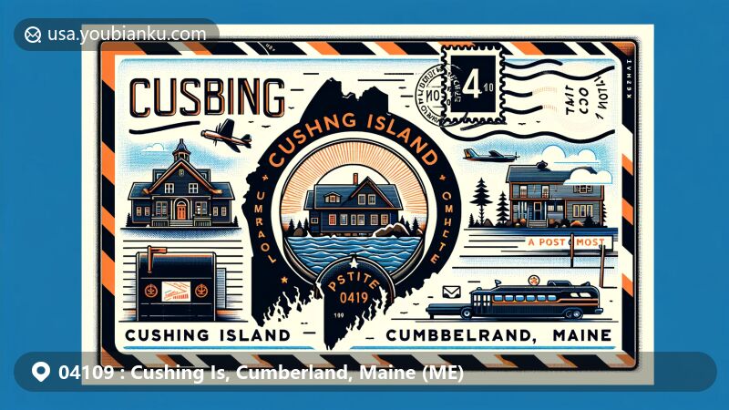 Modern illustration of Cushing Island, Cumberland, Maine, capturing the essence of ZIP code 04109 with state outline, iconic landmarks, and postal elements in a vibrant postcard design.