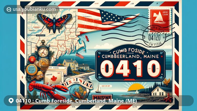 Modern illustration of Cumb Foreside, Cumberland, Maine, showcasing vintage airmail envelope with ZIP code 04110, featuring local map, coastal scene, lobster, and pine tree, blending with American flag elements.