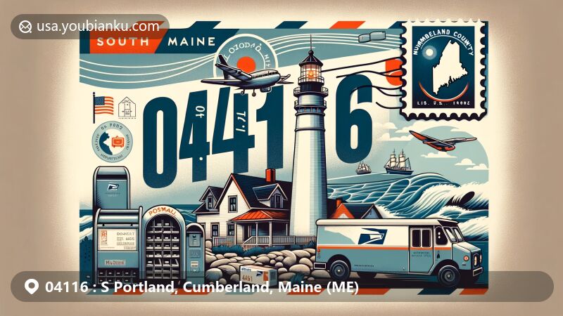 Stylized illustration of South Portland, Cumberland County, Maine (ME), showcasing postal theme with ZIP code 04116, featuring Portland Head Light and local cultural symbols.
