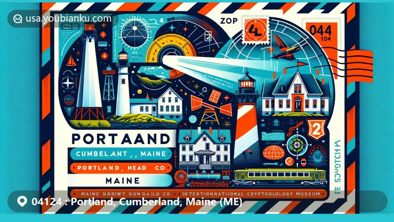 Modern illustration of Portland, Cumberland County, Maine, featuring postal theme with ZIP code 04124, showcasing landmarks like Portland Observatory, Portland Head Light, Maine Narrow Gauge Railroad Co and Museum, Wadsworth Longfellow House, International Cryptozoology Museum, and Crescent Beach.