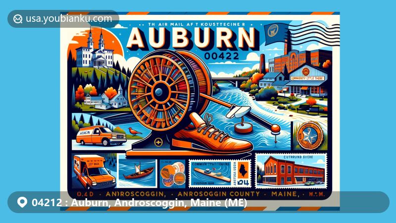 Modern illustration of Auburn, Androscoggin County, Maine, showcasing postal theme with ZIP code 04212, featuring shoe manufacturing history and cultural landmarks like Androscoggin River, Community Little Theatre, and Auburn Public Library.