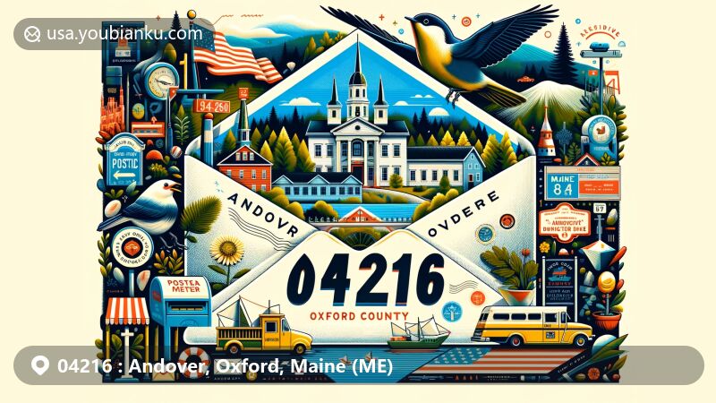 Modern illustration of Andover, Oxford County, Maine, featuring postal theme with ZIP code 04216, showcasing landmarks and cultural elements, including Maine's landscapes, representative buildings of Andover, and elements from Oxford County.