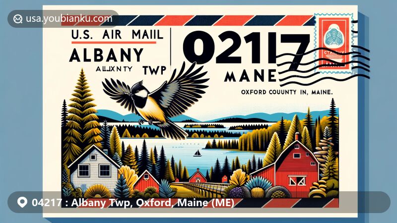 Modern illustration of Albany Twp, Oxford County, Maine, featuring postal theme with ZIP code 04217, showcasing Pine Tree and Chickadee, state symbols, with serene lake and dense forests, capturing the natural beauty of the area.