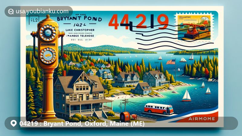 Modern illustration of Bryant Pond, Maine, featuring iconic Lake Christopher, World's Largest Telephone, and historic Dreamhome summer cottage, designed in a postage-themed style with ZIP code 04219.