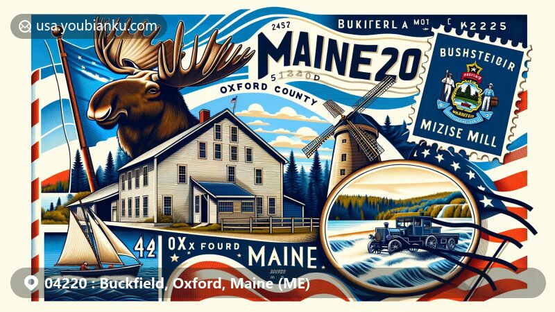 Modern illustration of Buckfield, Oxford County, Maine, showcasing postal theme with ZIP code 04220, featuring Robinson Mill and Maine state symbols.