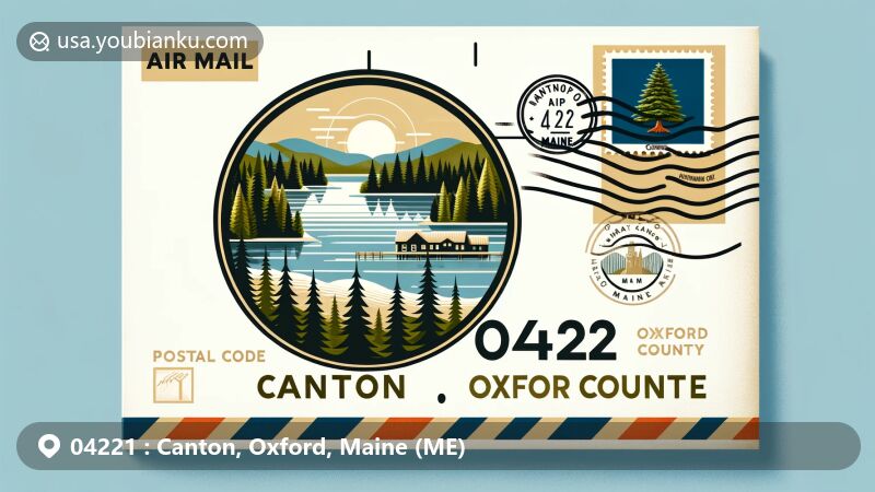 Modern illustration of Canton, Oxford County, Maine, featuring air mail envelope design with Lake Anasagunticook, state flag of Maine, Eastern white pine postage stamp, and ZIP code 04221.