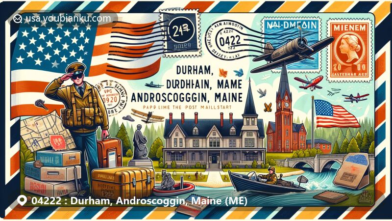 Modern illustration of Durham, Androscoggin, Maine, featuring postal theme with ZIP code 04222, showcasing Bagley-Bliss House, Androscoggin River, WWII veteran and Joe Wier Memorial Park.