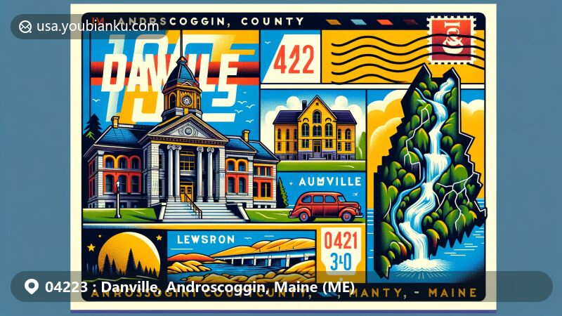 Modern illustration of Danville, Androscoggin County, Maine, showcasing historical Androscoggin County Courthouse, scenic Androscoggin River, and stylized Maine map with Great Falls, all framed in vintage airmail envelope border.