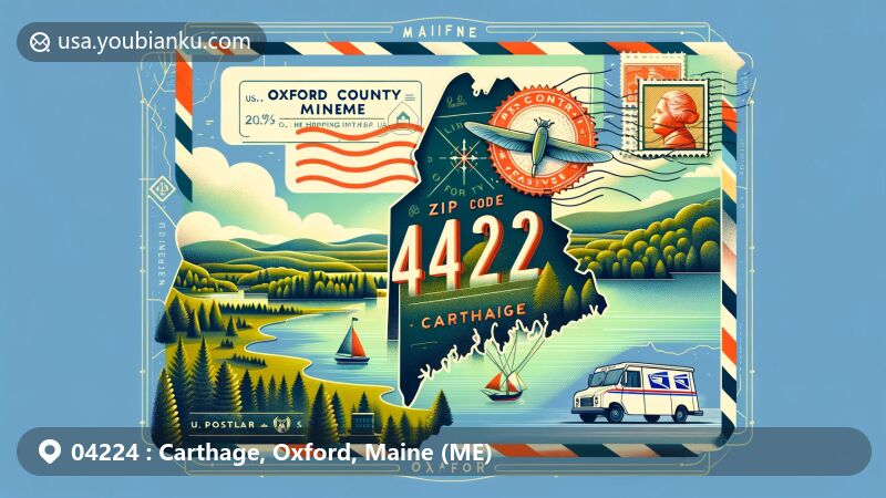 Modern illustration of Carthage, Oxford, Maine, highlighting postal theme with ZIP code 04224, featuring Maine's scenic forests and lakes, Oxford County map outline, decorative airmail envelope, and iconic U.S. postal service vehicle.