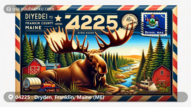 Modern illustration of Dryden, Franklin County, Maine, featuring moose resting under pine tree, symbolizing state flag, with iconic landmarks and cultural symbols, including serene forest, farmer, seaman, and North Star.