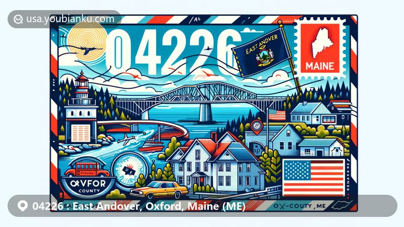 Colorful illustration of East Andover, Oxford County, Maine (ME), showcasing postal theme with ZIP code 04226, featuring Maine state flag, Lovejoy Bridge, and postal elements.