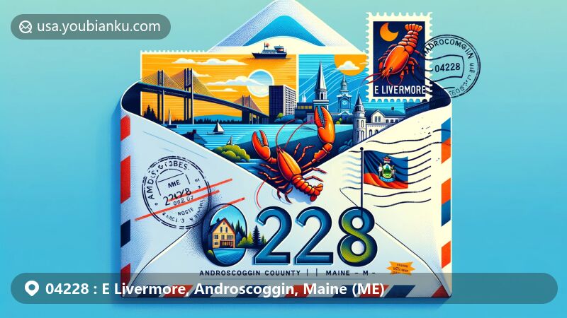 Modern illustration of E Livermore, Androscoggin County, Maine, resembling an airmail envelope with intricate details of ZIP Code 04228, Androscoggin River, Maine State Flag, county outline, lobster symbol, and 'E Livermore, ME 04228' postmark.