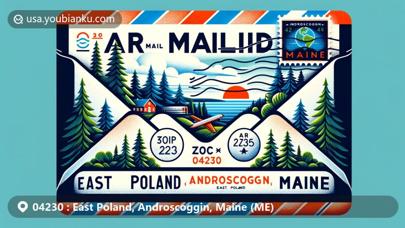 Modern illustration of East Poland, Androscoggin County, Maine, designed as an air mail envelope featuring iconic Maine elements like pine trees and a coastal scene with ZIP code 04230.