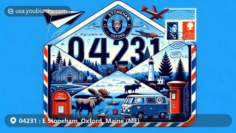 Modern illustration of E Stoneham, Oxford, Maine, presenting postal theme with ZIP code 04231, showcasing Maine state flag and symbolic elements, including white pine tree, moose, farmer, and seafarer, featuring stamp, postmark, red mailbox, and vintage mail van.