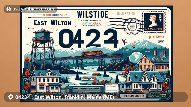 Modern illustration of East Wilton, Franklin County, Maine, featuring postal theme with ZIP code 04234, showcasing East Wilton Park, trestle, Upper Dallas School, and scenic landscapes.