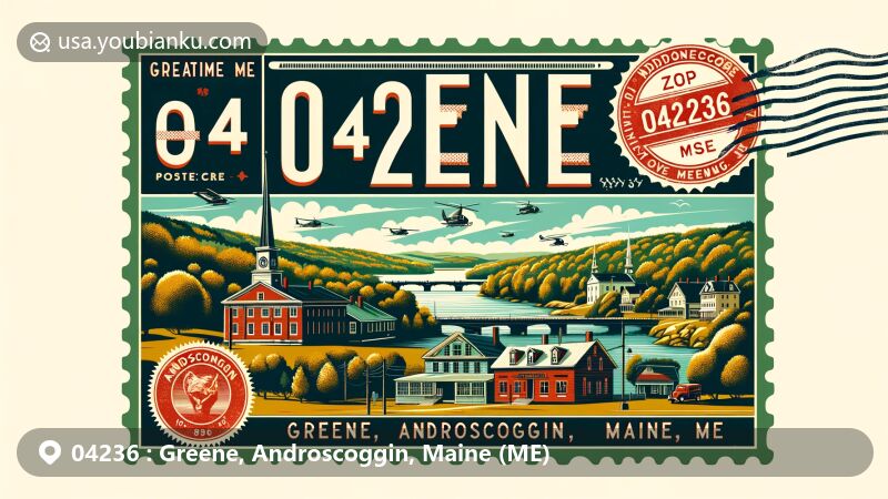 Modern illustration of Greene, Androscoggin County, Maine, featuring vintage postcard with postal theme showcasing key elements like rural landscapes, Greene Historic Building, Androscoggin Lake, and ZIP code 04236.