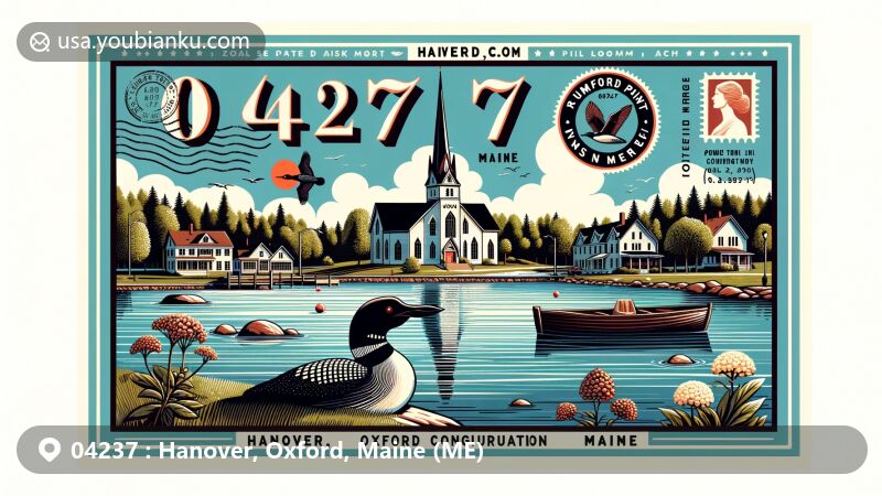 Modern illustration showcasing Hanover, Oxford County, Maine, corresponding to ZIP code 04237, featuring Howard Pond and Rumford Point Congregational Church.