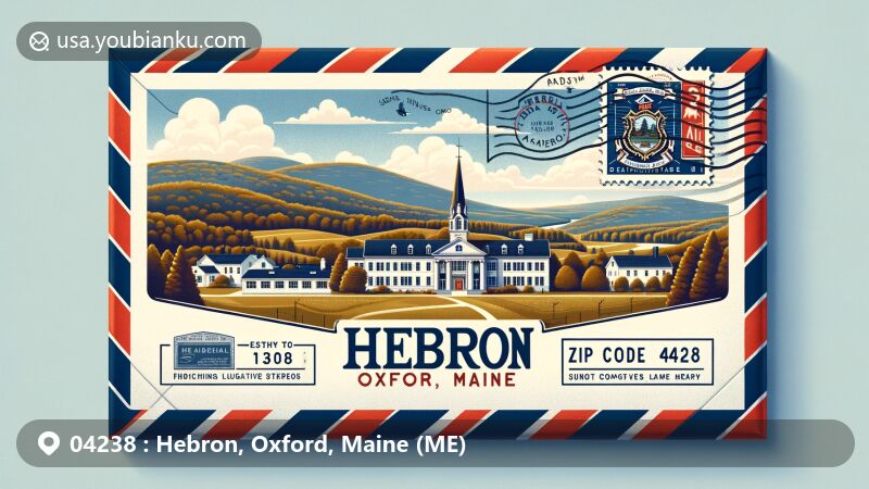 Modern illustration of Hebron, Oxford, Maine (ME) showcasing postal theme with vintage airmail envelope featuring Hebron Academy and Maine state flag stamp.