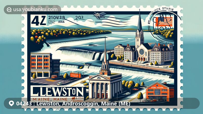 Modern illustration of Lewiston, Androscoggin County, Maine, featuring Androscoggin River, Great Falls, and architectural landmarks like Franco Center or St. Mary's Church spire, highlighting local arts scene and French-Canadian heritage.