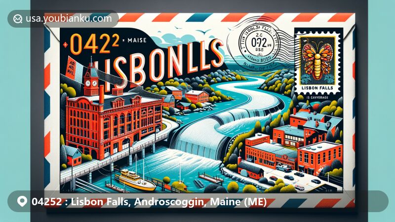Modern illustration of Lisbon Falls, Androscoggin County, Maine, featuring air mail envelope design with ZIP code 04252, showcasing Moxie Museum and Androscoggin River scenery.