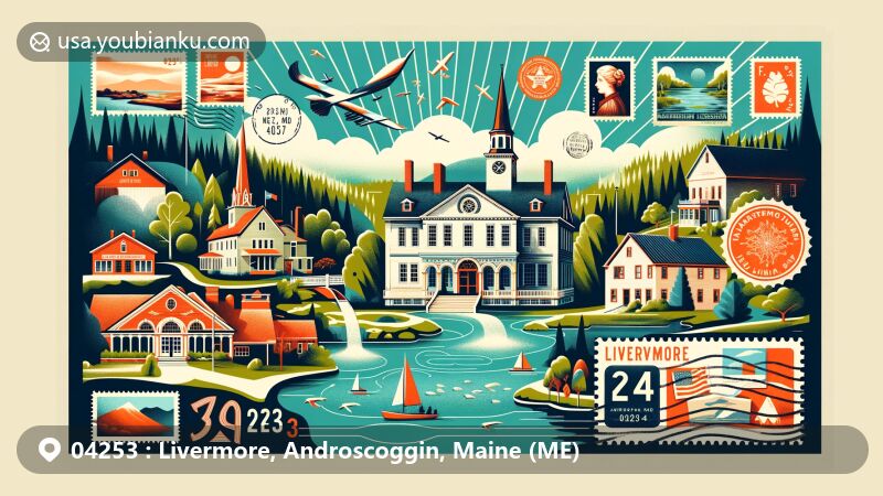 Modern illustration of Livermore, Androscoggin County, Maine, featuring Washburn-Norlands Living History Center, Brettuns Pond, and North Livermore Baptist Church, styled as a postcard with postal theme and ZIP code 04253.