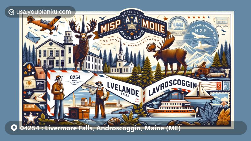 Vibrant illustration of Livermore Falls, Androscoggin County, Maine, showcasing the Androscoggin River, Norlands Living History Center, and Maine's Paper and Heritage Museum, with Maine state symbols and vintage postal elements.