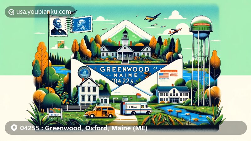 Modern illustration of Greenwood, Maine, depicting postal theme with ZIP code 04255, featuring portrait of Leon Leonwood Bean on stamp, mailbox, and mail truck, showcasing town's agricultural and manufacturing heritage.