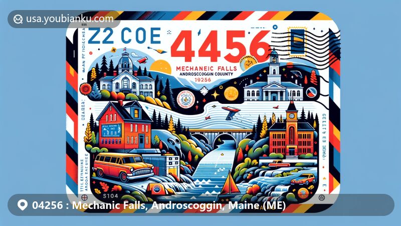Modern illustration of Mechanic Falls, Androscoggin County, Maine, highlighting postal theme with ZIP code 04256, featuring Little Androscoggin River, historic buildings, and Maine state symbols.
