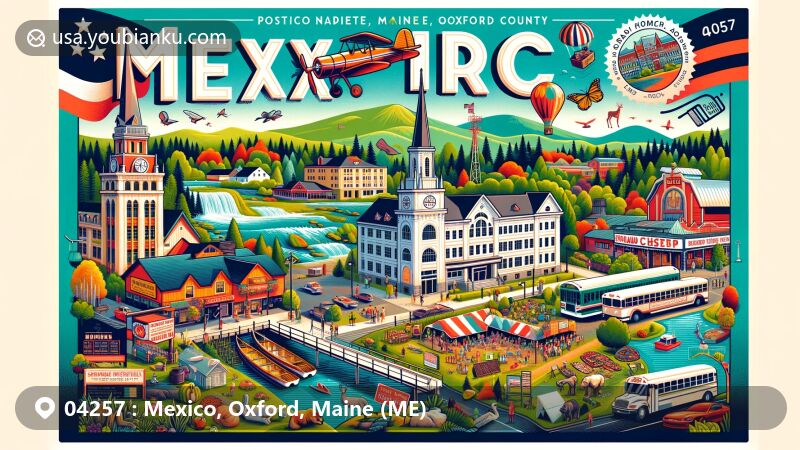 Modern illustration of Mexico, Oxford County, Maine, highlighting postal theme with ZIP code 04257, featuring Oxford Casino Hotel, Evans Notch, Oxford Farmers' Market, Hosanna Church, Oxford Hills, wildlife areas, and lakes.