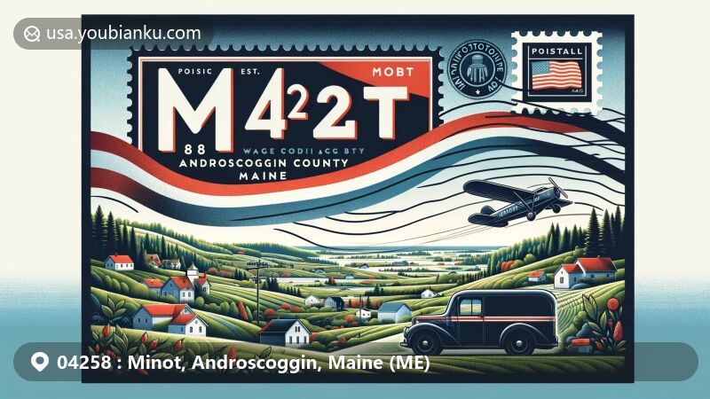 Modern illustration of Minot, Androscoggin County, Maine, featuring ZIP code 04258 and rural landscape with rolling hills, lush greenery, and clusters of houses, incorporating a stylized airmail envelope and Maine state flag.