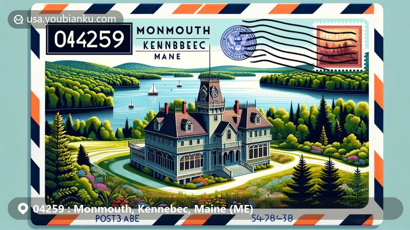 Modern illustration of Monmouth, Kennebec County, Maine, featuring scenic Kennebec Valley with Lake Cobbosseecontee, historical Cumston Hall, and vintage postal elements, including ZIP code 04259.