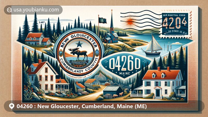Illustration of New Gloucester, Cumberland County, Maine, showcasing historic charm of 18th-century residences, Sabbathday Lake Shaker Village, and Maine state flag with symbolic elements, set against natural beauty of the state.