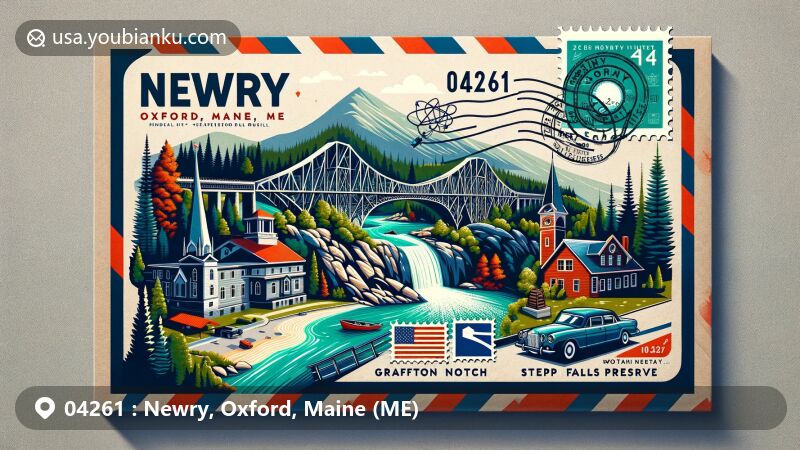 Modern illustration of Newry, Oxford, Maine (ME) showcasing postal theme with ZIP code 04261, featuring Sunday River Bridge, Grafton Notch State Park, and Step Falls Preserve, incorporating Maine state flag.