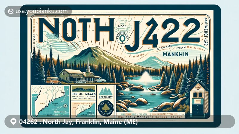 Vintage-style illustration of North Jay, Franklin, Maine (ME), highlighting ZIP code 04262, with iconic natural landscapes like ponds, forests, and hiking trails, along with historical landmarks like the North Jay granite quarry and Grange Store.