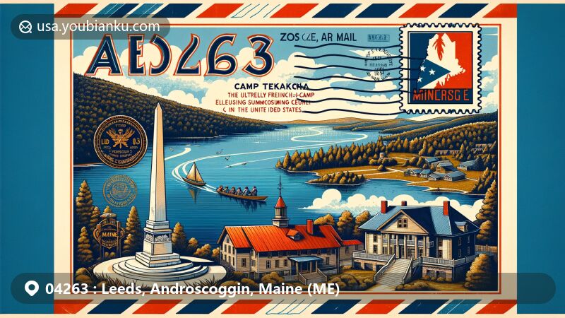 Vintage illustration of Leeds, Androscoggin County, Maine, portraying Camp Tekakwitha and Androscoggin Lake with Monument Hill and historic peace monument, featuring Maine state flag stamp and ZIP code 04263.