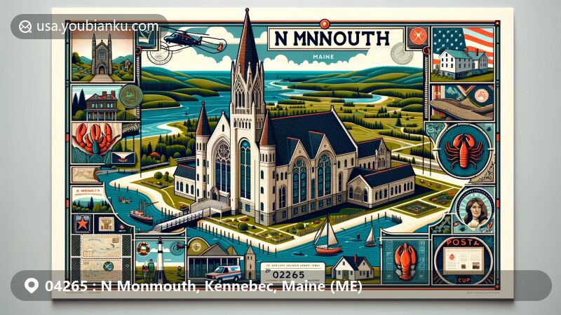 Modern illustration of N Monmouth, Kennebec, Maine (ME), highlighting Cumston Hall and natural beauty, with Monmouth Museum, Maine state symbols, and postal elements including ZIP code 04265.