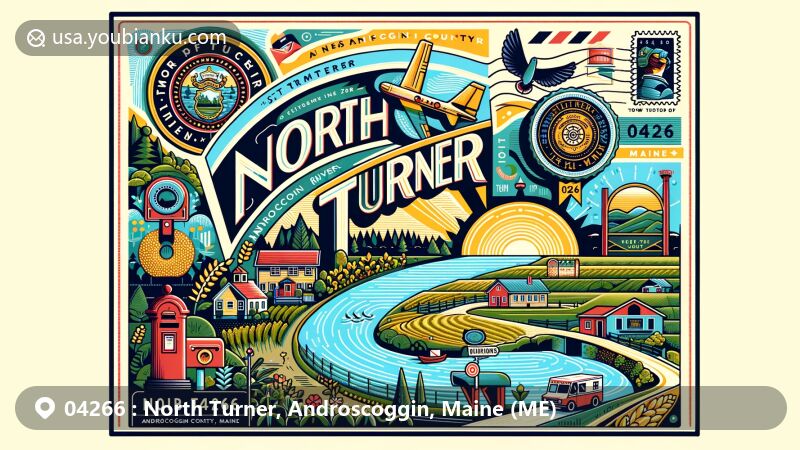 Modern illustration of North Turner, Androscoggin County, Maine, showcasing postal theme with ZIP code 04266, featuring Androscoggin River, Nezinscot River, Turner town seal, agricultural elements, postage stamp, postmark, mailbox, and mail truck.