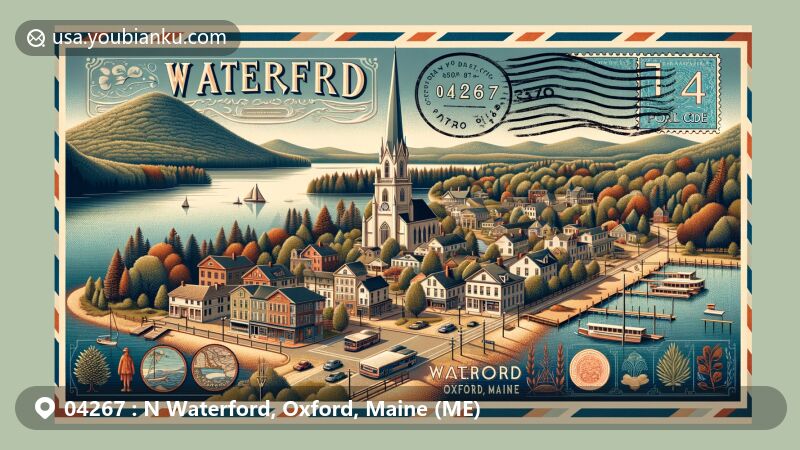 Charming illustration of N Waterford, Oxford, Maine, capturing historic town center, Keoka Lake, and natural beauty of Oxford Hills and Evans Notch, featuring Hosanna Church and vintage air mail envelope with postal theme.