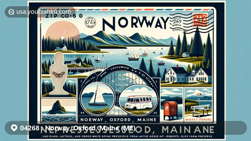 Modern illustration of Norway, Oxford, Maine, showcasing postal theme with ZIP code 04268, featuring Lake Pennesseewassee, Bernard Langlais sculptures, and Roberts Farm Preserve.