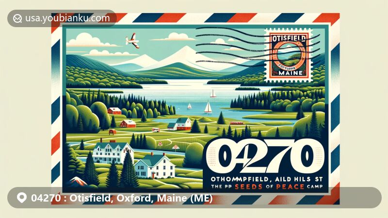Modern illustration of Otisfield, Oxford, Maine, resembling an airmail envelope with ZIP code 04270, showcasing White Mountains, Oxford Hills, Thompson Lake, Crooked River, and a subtle nod to Seeds of Peace Camp at Pleasant Lake.