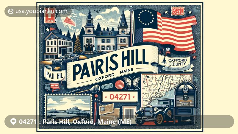 Modern illustration of Paris Hill, Oxford County, Maine, with postal theme featuring ZIP code 04271, showcasing state flag, county map, and iconic landmarks. Includes vintage stamp, envelope with postmark, and old mailbox.
