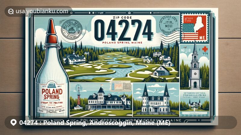 Modern illustration of Poland Spring, Androscoggin County, Maine, showcasing historic landmarks like golf course, Maine State Building, and All Souls Chapel, blended with artistic flair to represent the region's history and natural beauty.