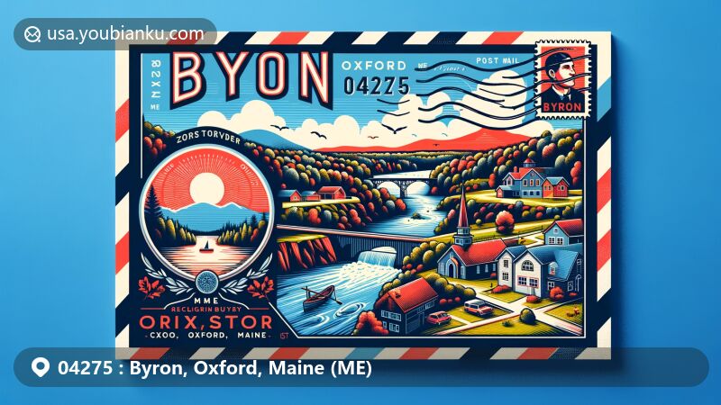 Modern illustration of Byron, Oxford County, Maine, showcasing natural beauty with Coos Canyon and Swift River, featuring Maine state flag stamp and postal theme with ZIP code 04275.