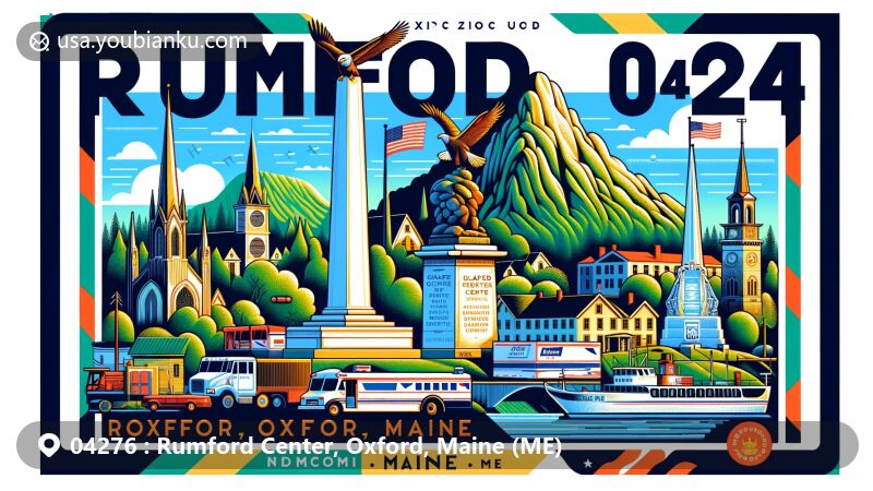 Modern illustration of Rumford Center, Oxford, Maine, showcasing postal theme with ZIP code 04276, featuring Glass Face Mountain, Rumford Civil War Monument, and Maine state flag.