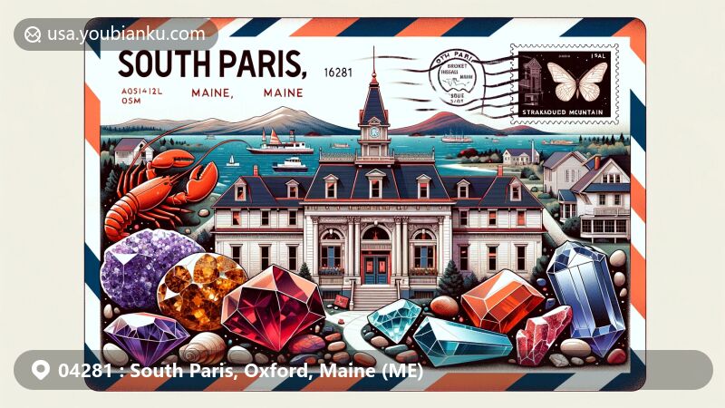 Modern illustration of South Paris, Maine, showcasing Streaked Mountain, Hamlin Memorial Library, semi-precious stones, lobster, lighthouse, stamp, postmark, and ZIP code 04281.